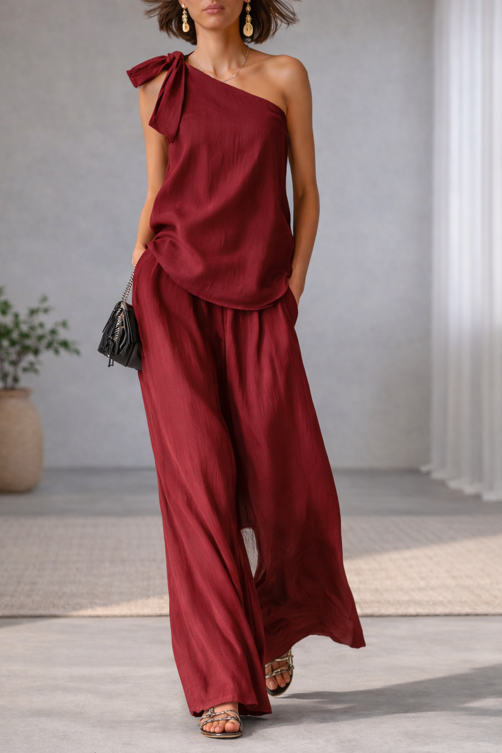 Gray Cotton And Linen Sleeveless One Shoulder Top With Tie Detail And Wide Leg Pants Set